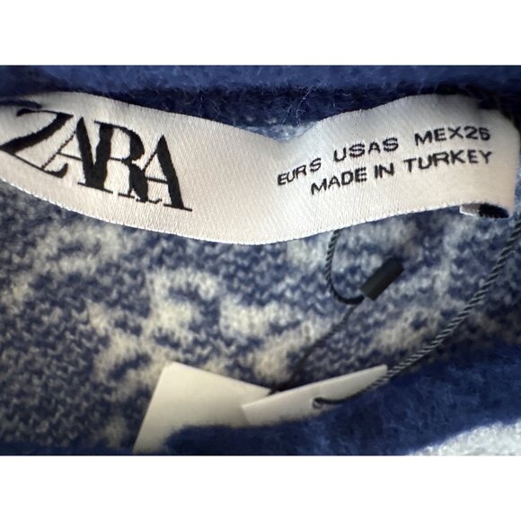 ZARA Floral Knit Cardigan XS Cropped Button-Front Wool Blend White/Blue NWT - Picture 3 of 13